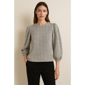 Textured Tweed Puff Sleeve Blouse Black White Crew Neck Quiet Luxury Top S‎